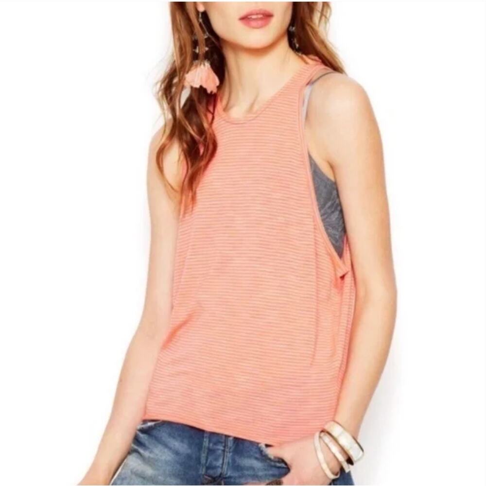 We The Free People Striped Sedgwick Tank Top Shirt Coral Gray Oversized Size XS - Picture 4 of 10